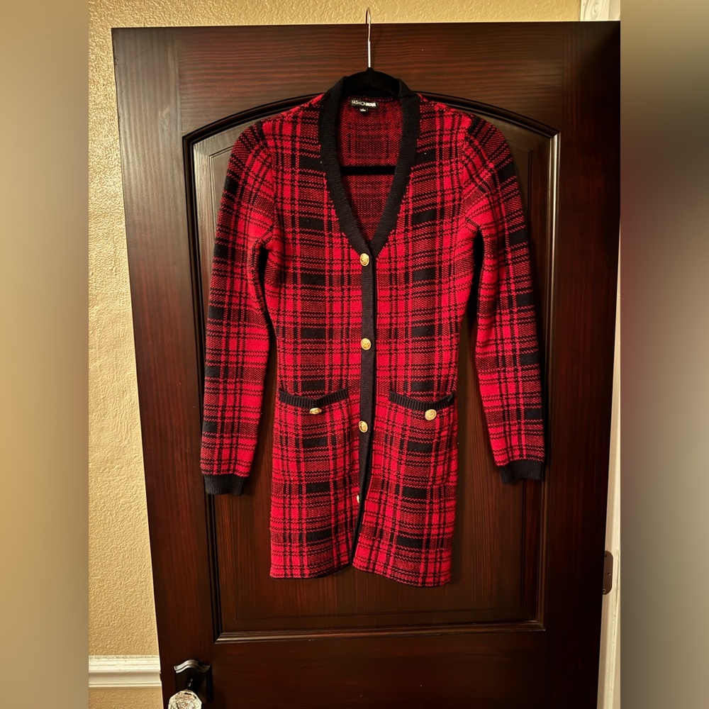 Fashion Nova Red and Black Plaid Cardigan mini dress